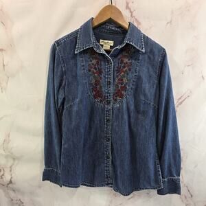 Vintage Eddie Bauer Shirt Womens Medium Denin Jean Button Up Long Embroidered
